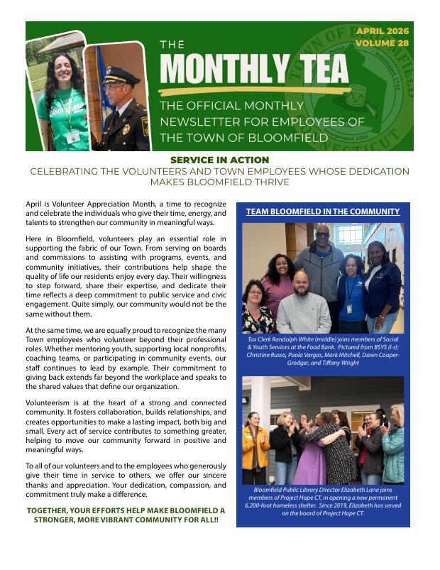 Cover of The Monthly Tea, the Town of Bloomfield employee newsletter