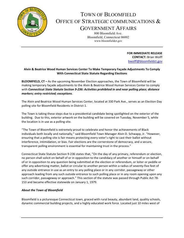 First page of the press release on temporary facade adjustments at a polling site